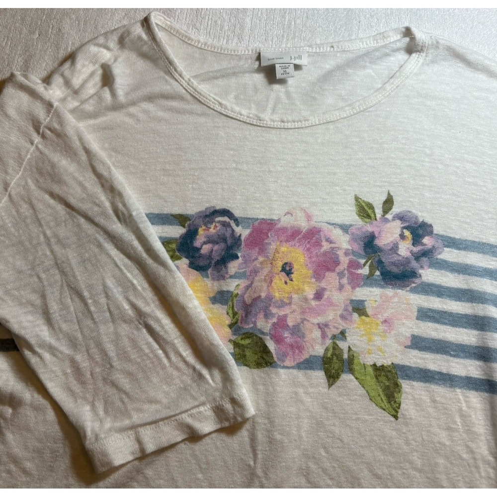 J. Jill Women's Size‎ XL Petite Love Linen White Top Floral Accents